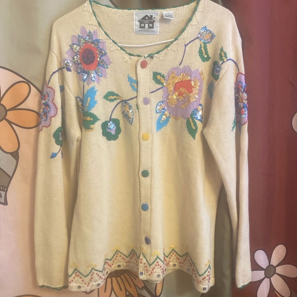 Storybook Knits Beaded and Embroidered Floral knit cardigan